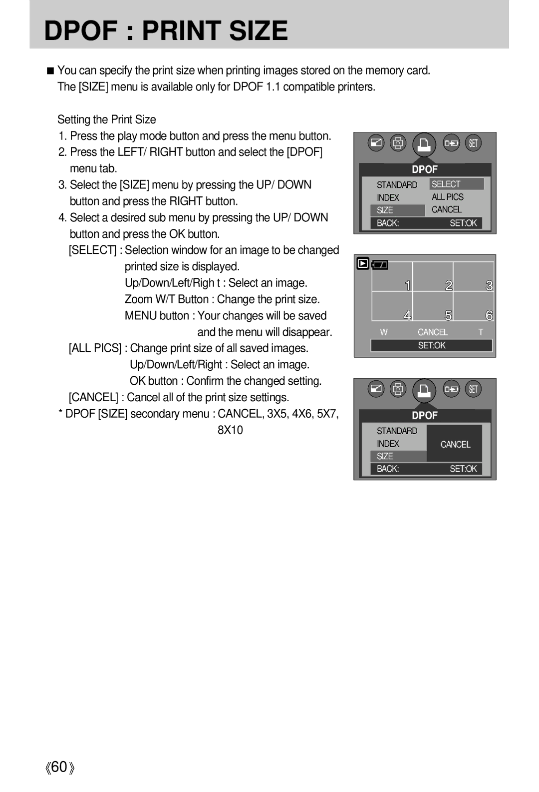 Samsung EC-D430ZSAA, EC-D430ZSBA/FR, EC-D430ZSAB, EC-D430ZSBA/GB, EC-D430ZSBA/US manual Dpof Print Size, Setting the Print Size 