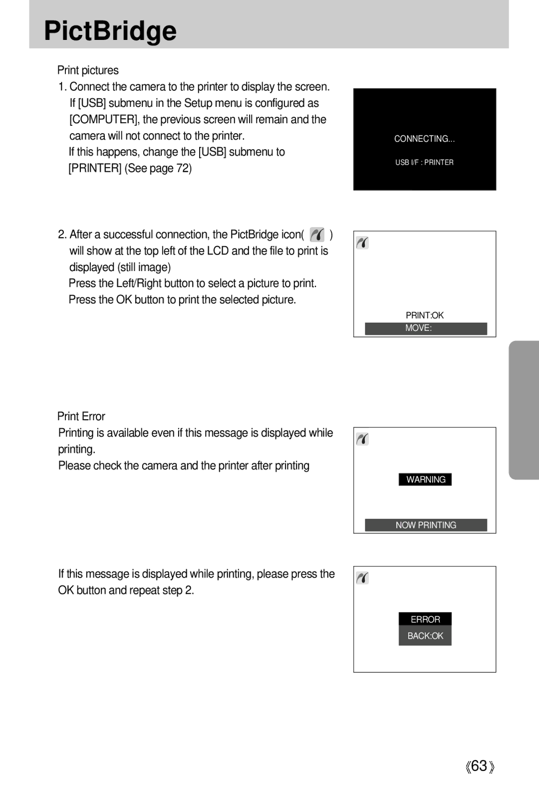 Samsung EC-D430ZSBA/GB manual Print pictures, If this happens, change the USB submenu to Printer See, Displayed still image 