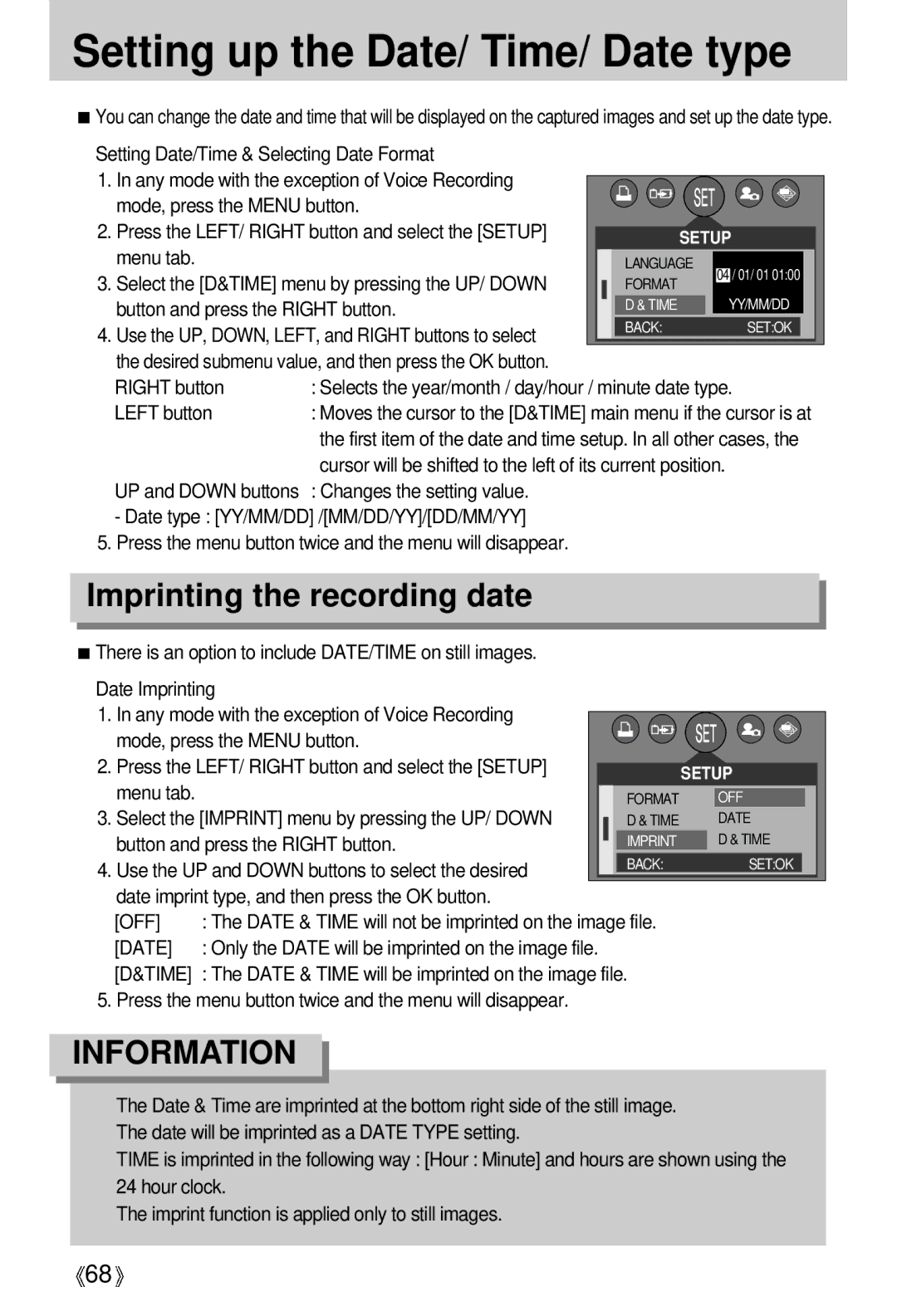 Samsung EC-D430ZSBA/GB, EC-D430ZSAA, EC-D430ZSBA/FR Setting up the Date/ Time/ Date type, Imprinting the recording date 