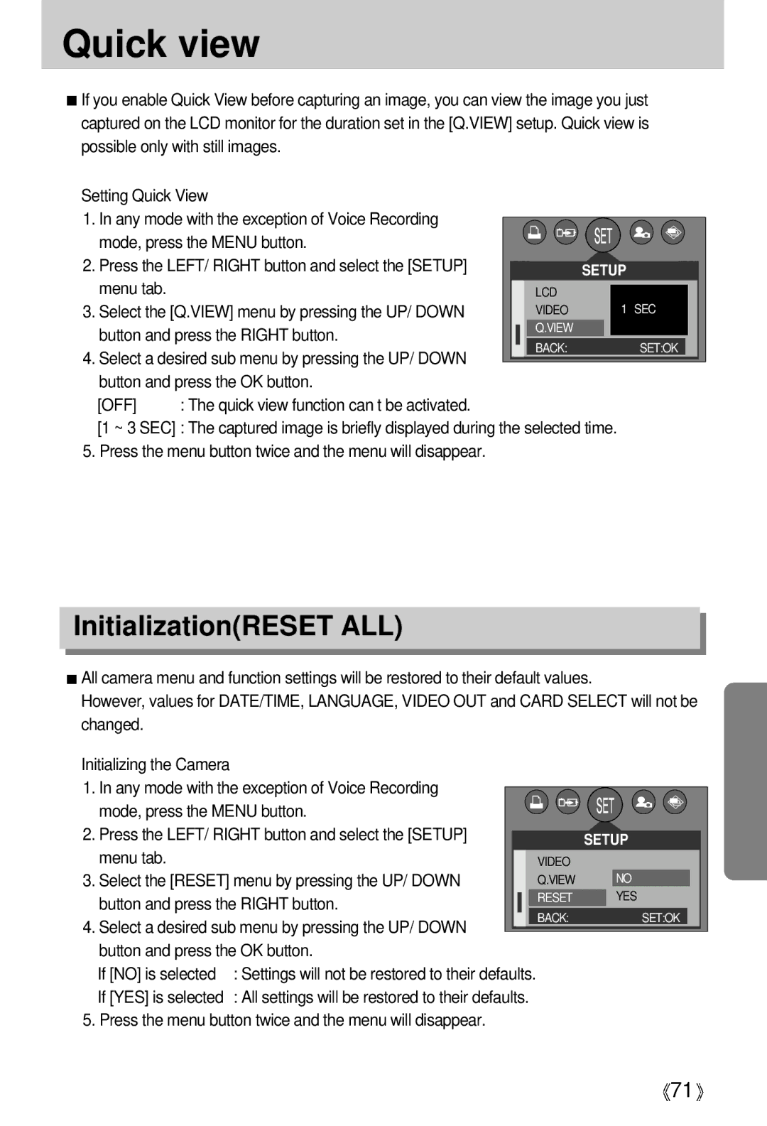 Samsung EC-D430ZSBA/FR, EC-D430ZSAA Quick view, InitializationRESET ALL, Select the Reset menu by pressing the UP/ Down 