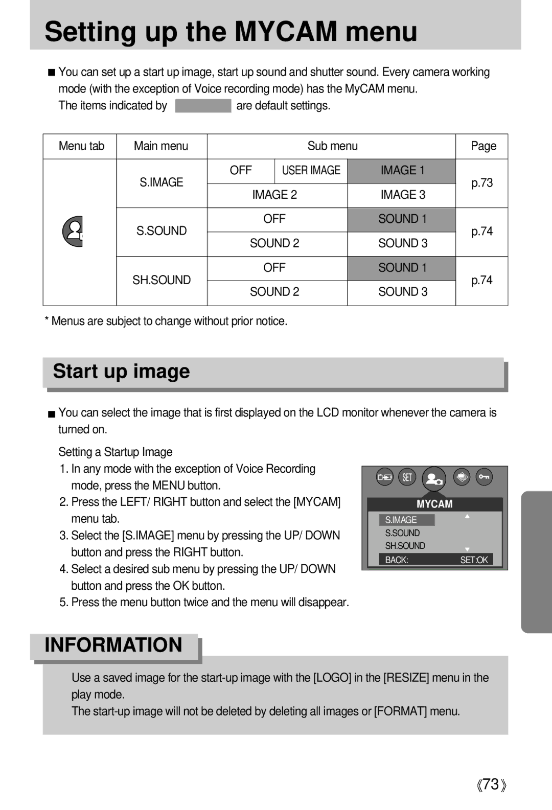 Samsung EC-D430ZSBA/GB, EC-D430ZSAA, EC-D430ZSBA/FR, EC-D430ZSAB, EC-D430ZSBA/US Setting up the Mycam menu, Start up image 