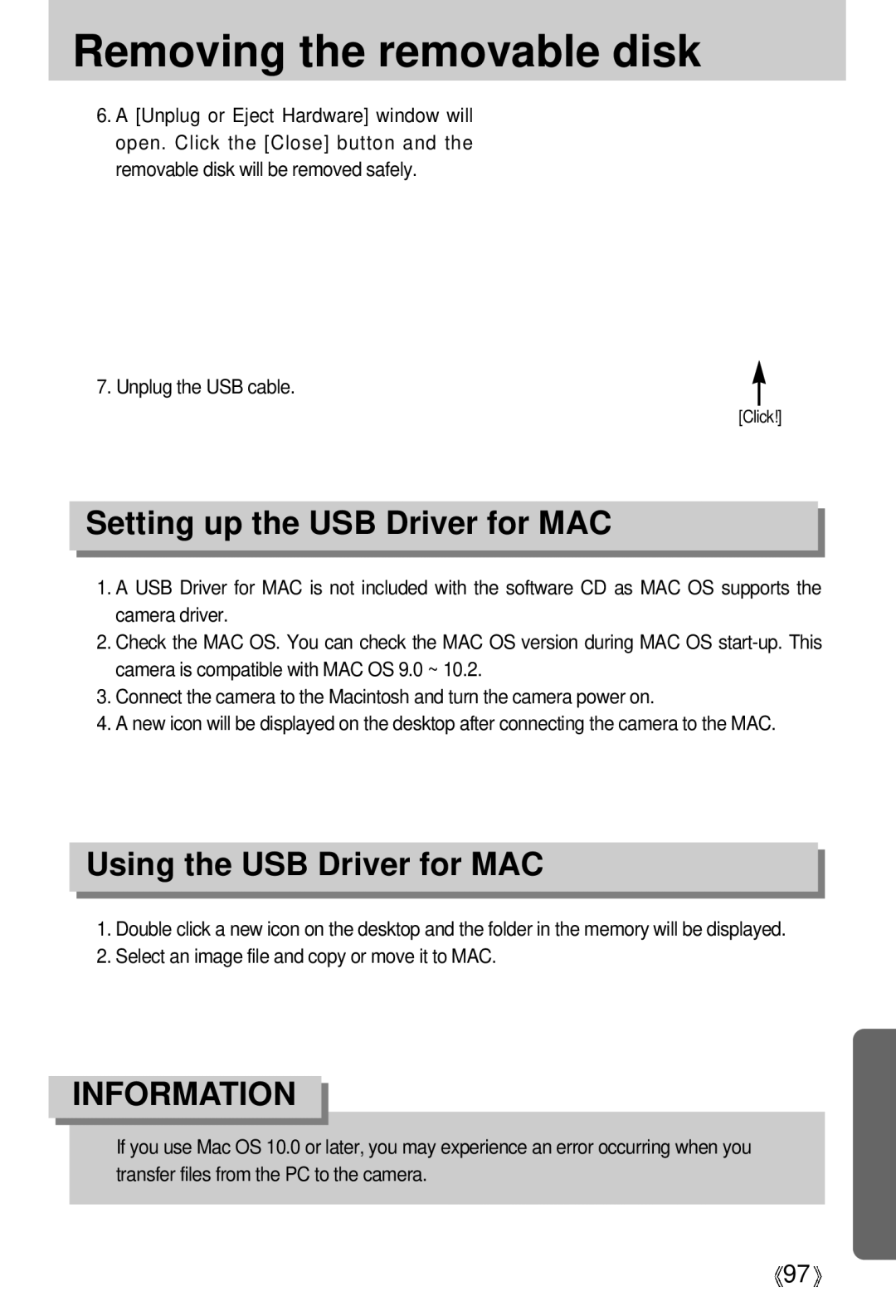 Samsung EC-D430ZSAB, EC-D430ZSAA, EC-D430ZSBA/FR manual Setting up the USB Driver for MAC, Using the USB Driver for MAC 