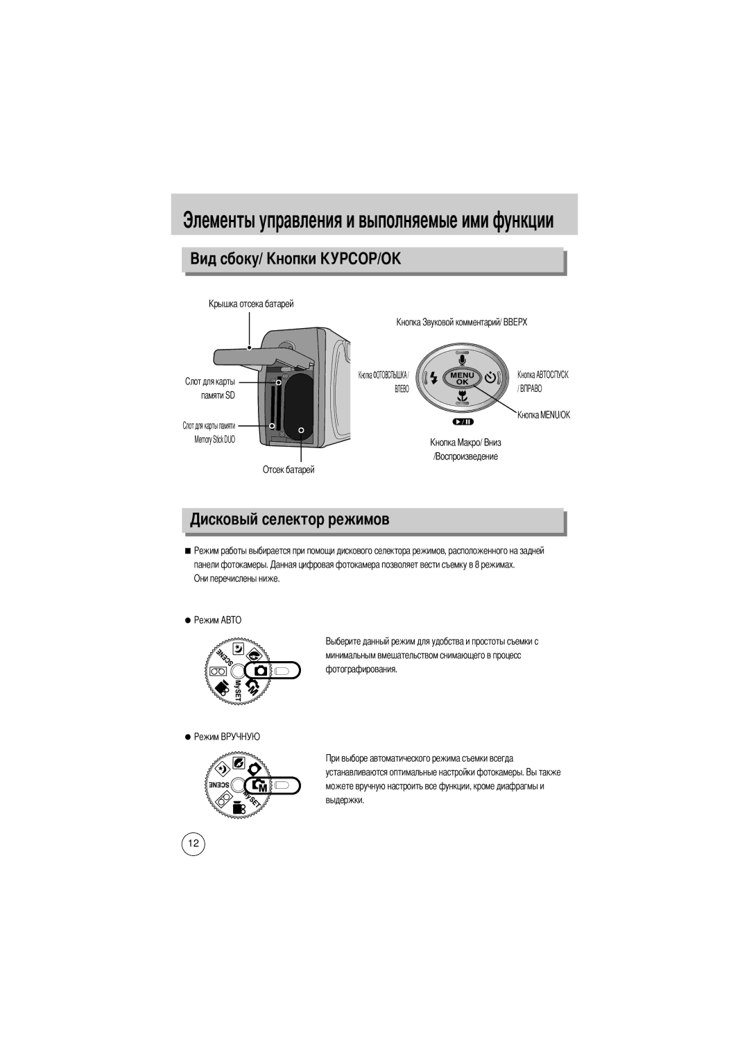 Samsung EC-D430ZSAB, EC-D430ZSAA, EC-D430ZSBA/FR manual Овый селектор режимов, Памяти SD Memory Stick DUO Отсек батарей 