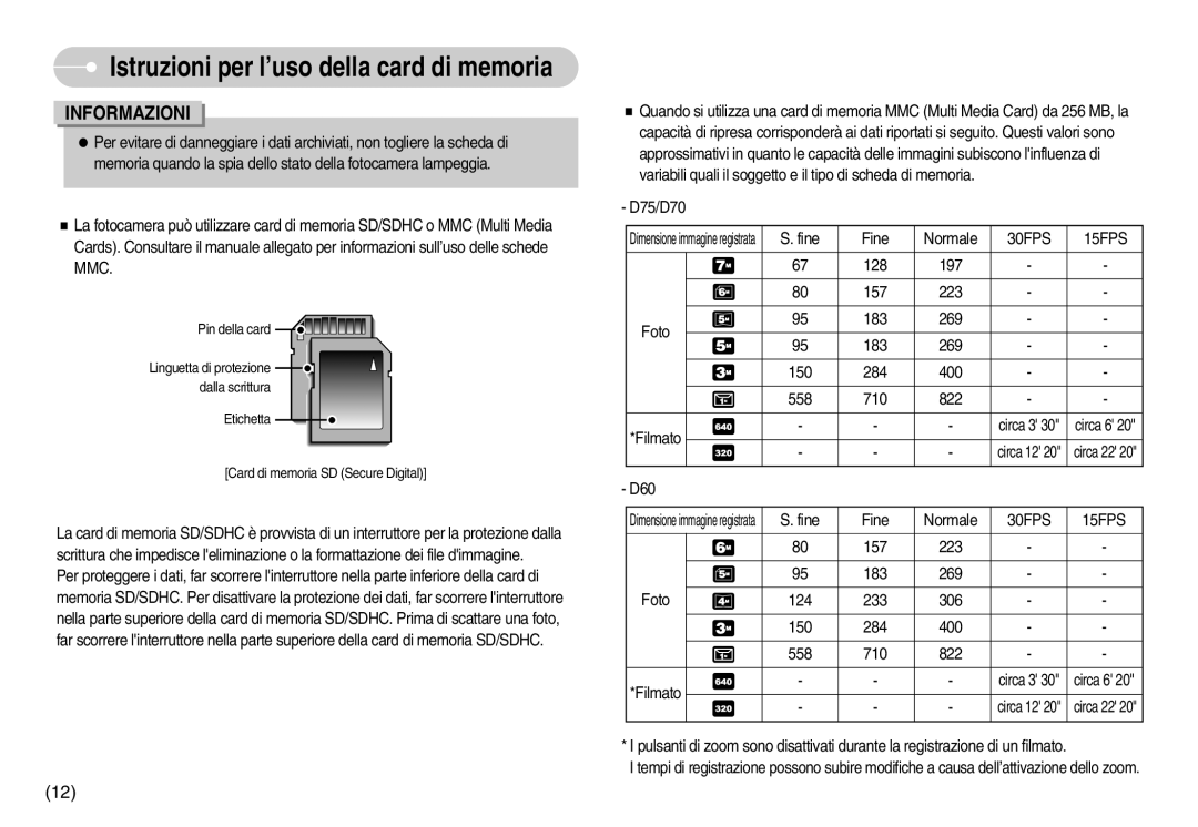 Samsung EC-D75ZZBBB/IT, EC-D60ZZBFB/IT, EC-D75ZZSBB/IT, EC-D60ZZBBD/GB manual D75/D70, Fine Normale, Foto, Filmato 