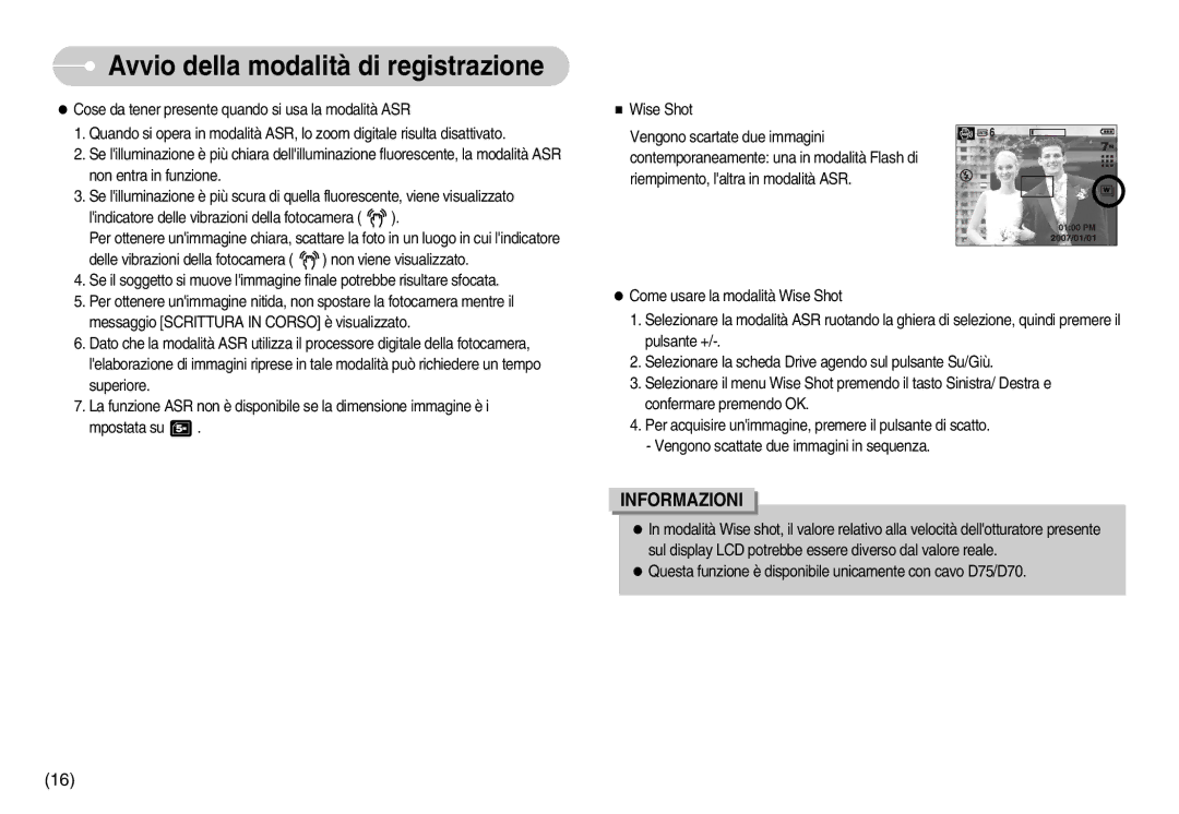 Samsung EC-D60ZZBBD/GB, EC-D60ZZBFB/IT, EC-D75ZZSBB/IT manual Questa funzione è disponibile unicamente con cavo D75/D70 