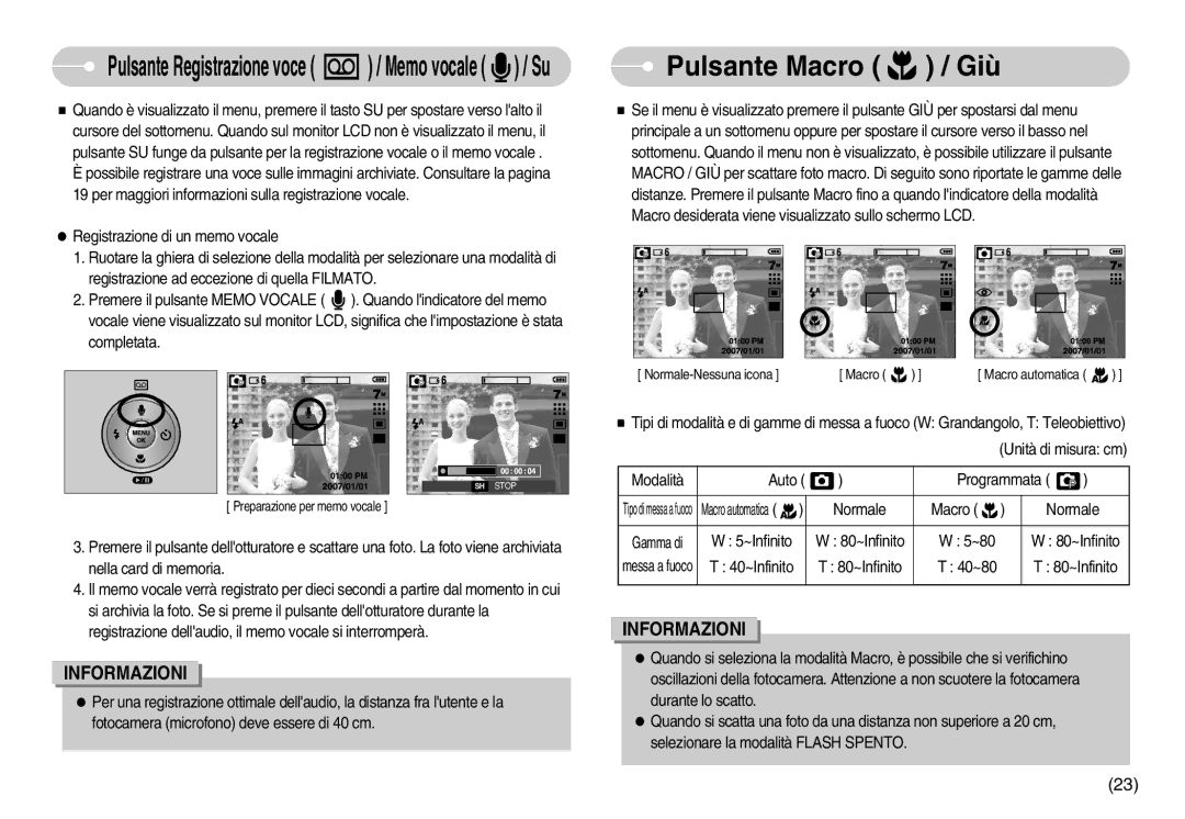 Samsung EC-D60ZZSFB/IT, EC-D60ZZBFB/IT manual Pulsante Macro / Giù, Completata, Modalità, Programmata, Macro Normale 