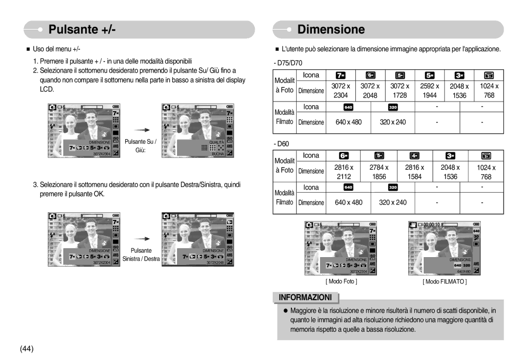 Samsung EC-D60ZZBFB/IT, EC-D75ZZSBB/IT, EC-D60ZZBBD/GB, EC-D75ZZBBB/IT, EC-D60ZZSFB/IT manual Dimensione 