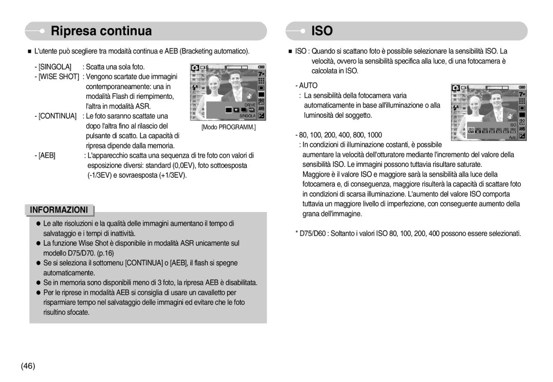 Samsung EC-D60ZZBBD/GB, EC-D60ZZBFB/IT, EC-D75ZZSBB/IT, EC-D75ZZBBB/IT manual Ripresa continua, Singola, Continua, Auto 