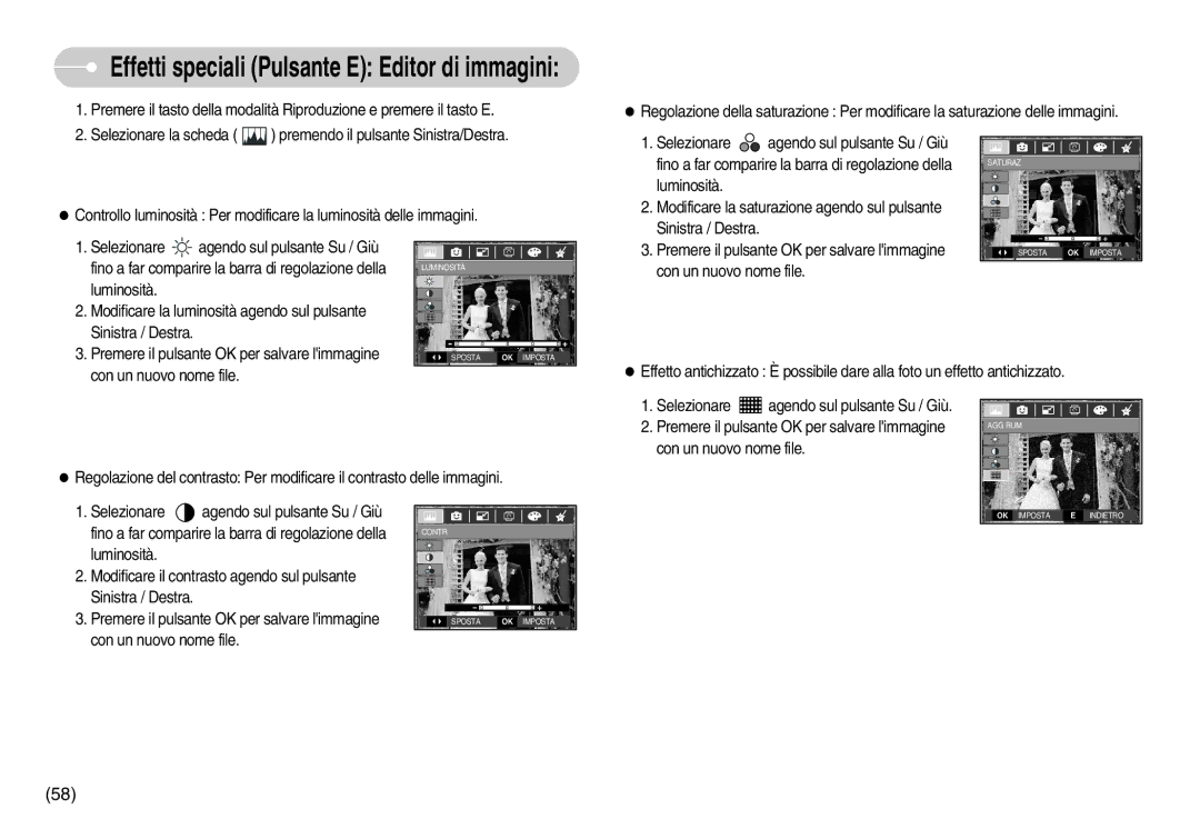 Samsung EC-D60ZZSFB/IT, EC-D60ZZBFB/IT, EC-D75ZZSBB/IT manual Selezionare la scheda, Luminosità, Con un nuovo nome file 