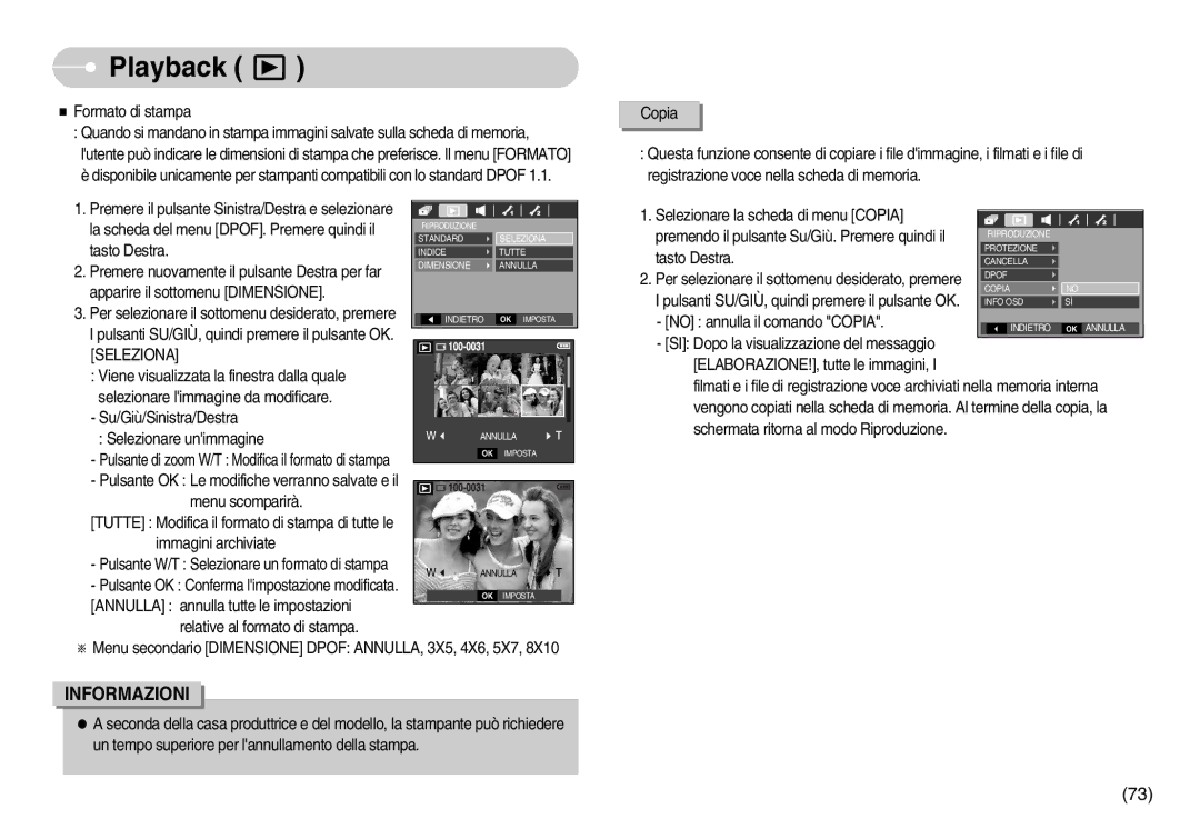 Samsung EC-D60ZZSFB/IT Apparire il sottomenu Dimensione, Selezionare la scheda di menu Copia, No annulla il comando Copia 