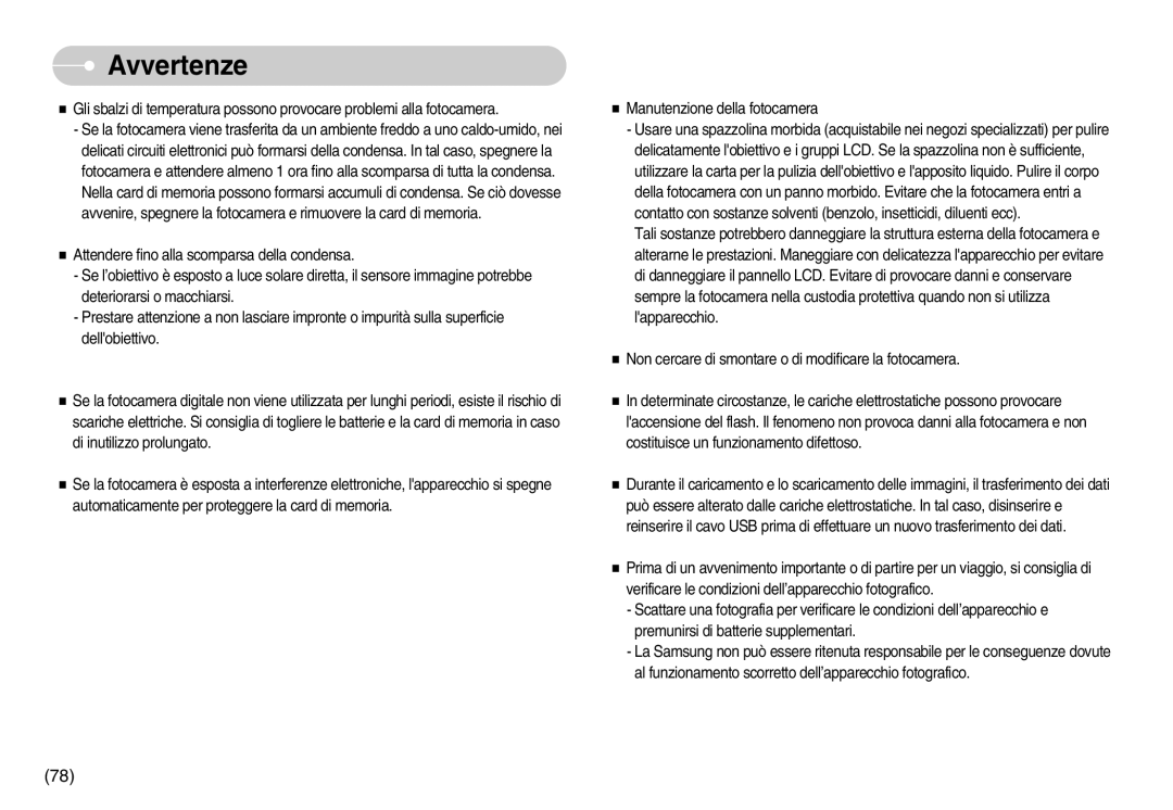 Samsung EC-D60ZZSFB/IT, EC-D60ZZBFB/IT, EC-D75ZZSBB/IT, EC-D60ZZBBD/GB, EC-D75ZZBBB/IT manual Manutenzione della fotocamera 