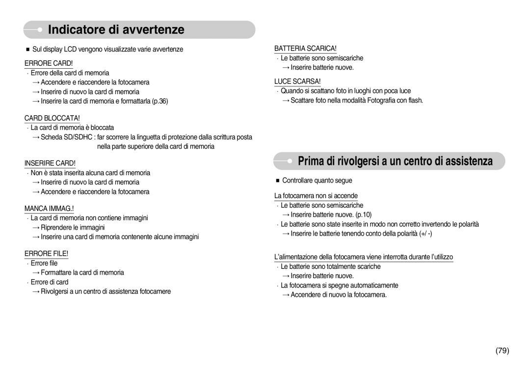 Samsung EC-D60ZZBFB/IT, EC-D75ZZSBB/IT, EC-D60ZZBBD/GB, EC-D75ZZBBB/IT, EC-D60ZZSFB/IT manual Indicatore di avvertenze 