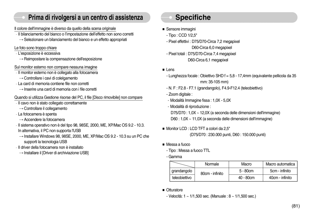 Samsung EC-D60ZZBBD/GB, EC-D60ZZBFB/IT, EC-D75ZZSBB/IT manual Specifiche, Sensore immagini Tipo CCD 1/2,5, Lens, Grandangolo 