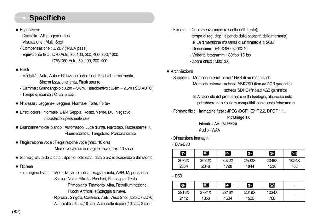 Samsung EC-D75ZZBBB/IT manual Ripresa, Filmato Con o senza audio a scelta dellutente, Scheda Sdhc fino ad 4GB garantito 