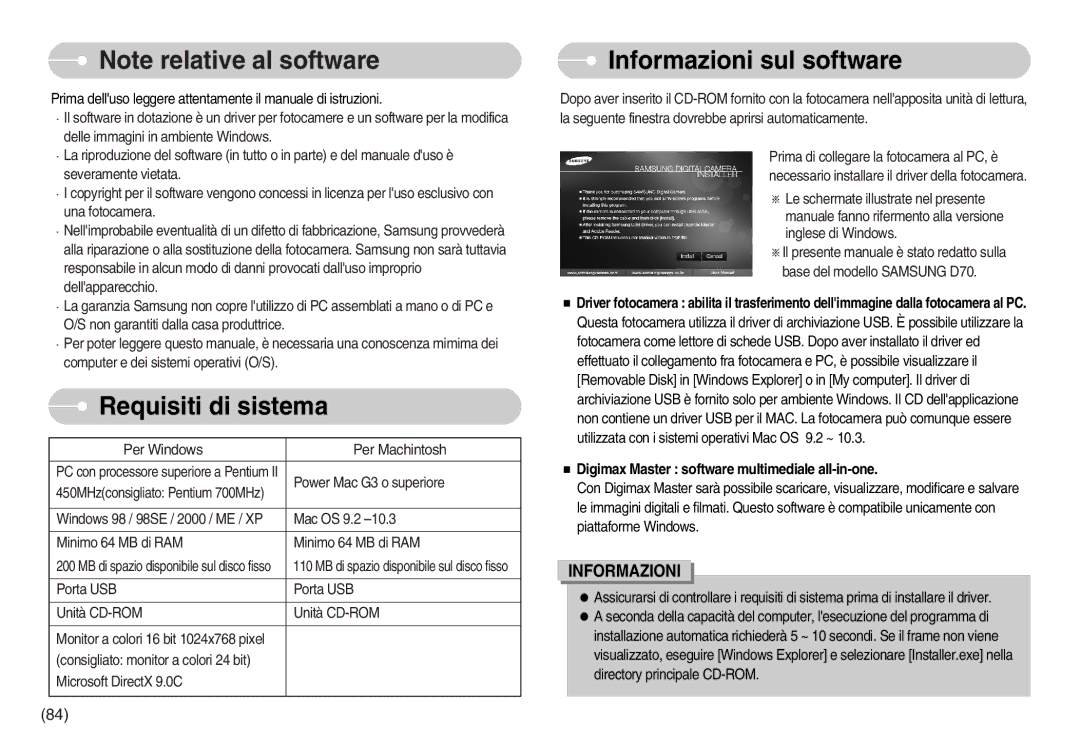 Samsung EC-D60ZZBFB/IT, EC-D75ZZSBB/IT, EC-D60ZZBBD/GB, EC-D75ZZBBB/IT manual Requisiti di sistema, Informazioni sul software 