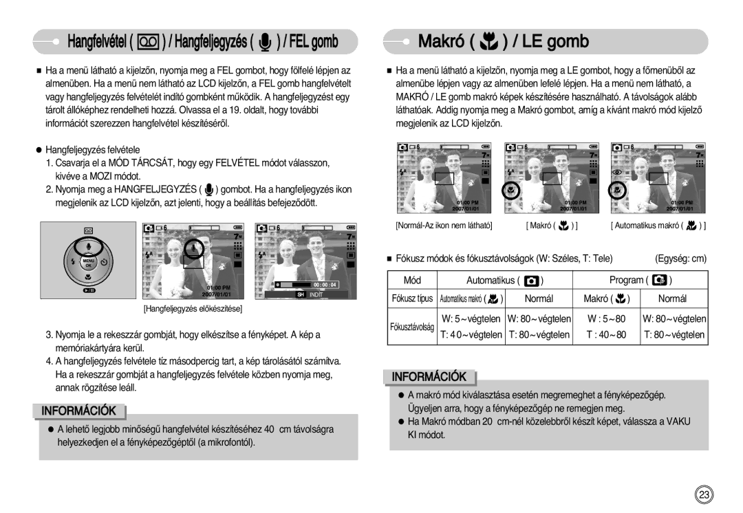 Samsung EC-D60ZZBHB/DE manual Makró / LE gomb, Fókusz módok és fókusztávolságok W Széles, T Tele, Program, Makró Normál 