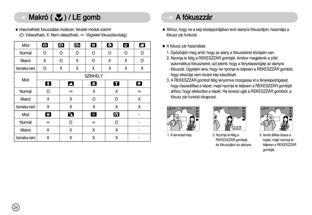 Samsung EC-D60ZZBHB/DE manual Makró LE gomb, Fókuszzár, Végtelen fókusztávolság 