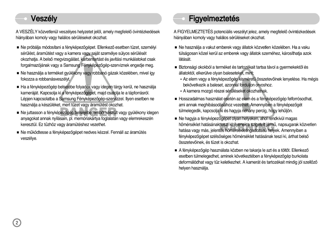 Samsung EC-D60ZZBHB/DE manual Veszély, Figyelmeztetés 