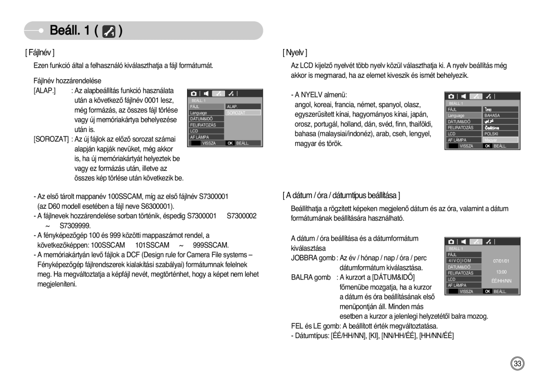 Samsung EC-D60ZZBHB/DE manual Beáll, Fájlnév, Nyelv, Adátum/óra/dátumtípusbeállítása, Alap 