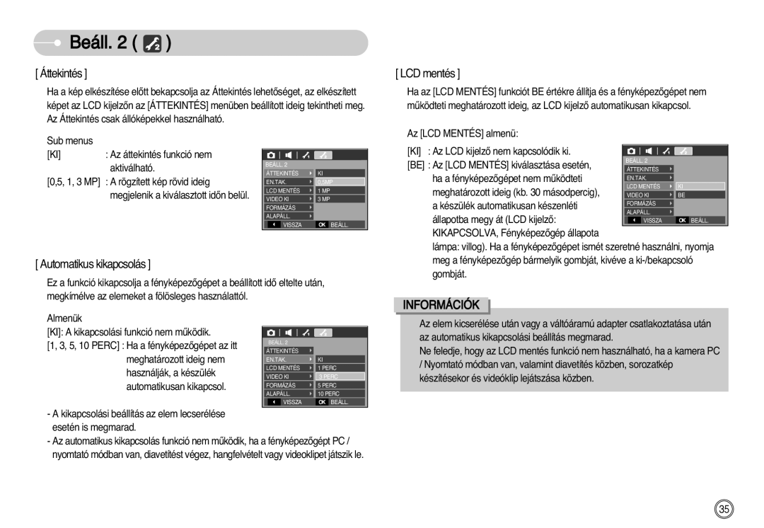 Samsung EC-D60ZZBHB/DE manual Áttekintés, LCDmentés, Automatikuskikapcsolás 