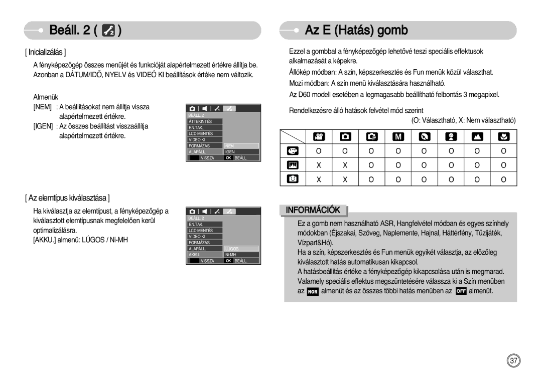 Samsung EC-D60ZZBHB/DE manual Az E Hatás gomb, Inicializálás, Azelemtípuskiválasztása, O O O O O O 