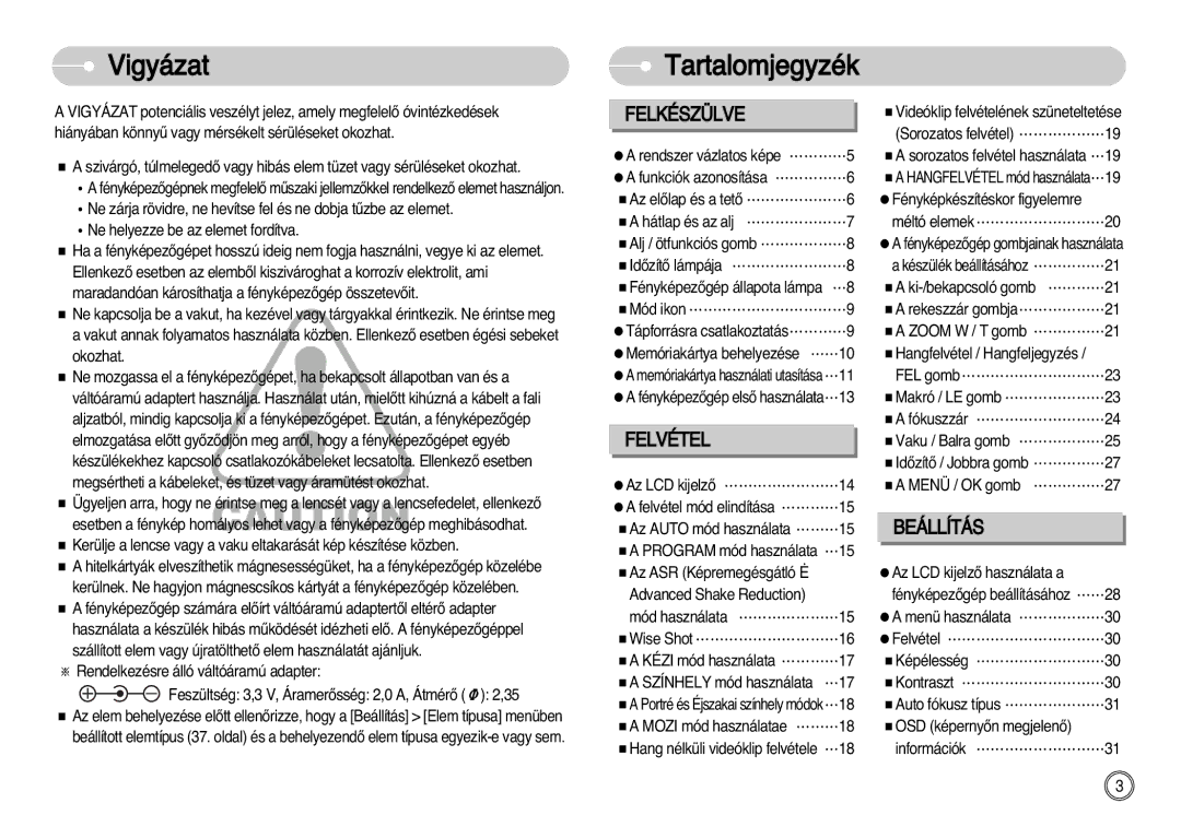 Samsung EC-D60ZZBHB/DE manual Vigyázat, Tartalomjegyzék 