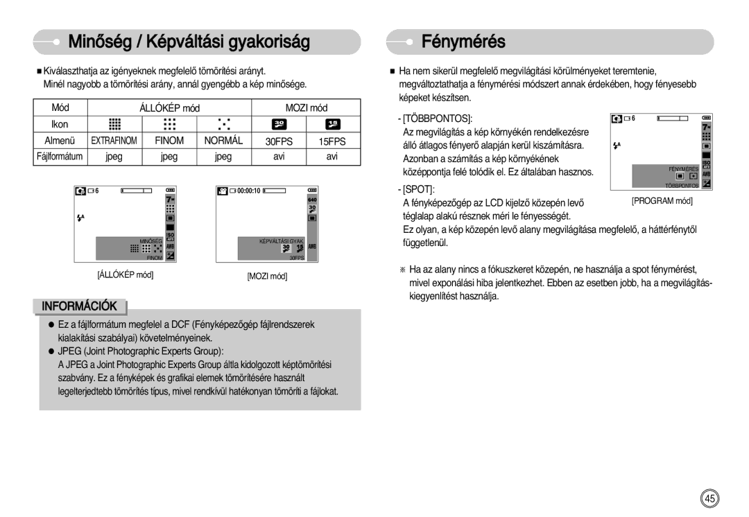 Samsung EC-D60ZZBHB/DE manual MinŒség / Képváltási gyakoriság, Fénymérés, Mozi mód, Többpontos, Spot 