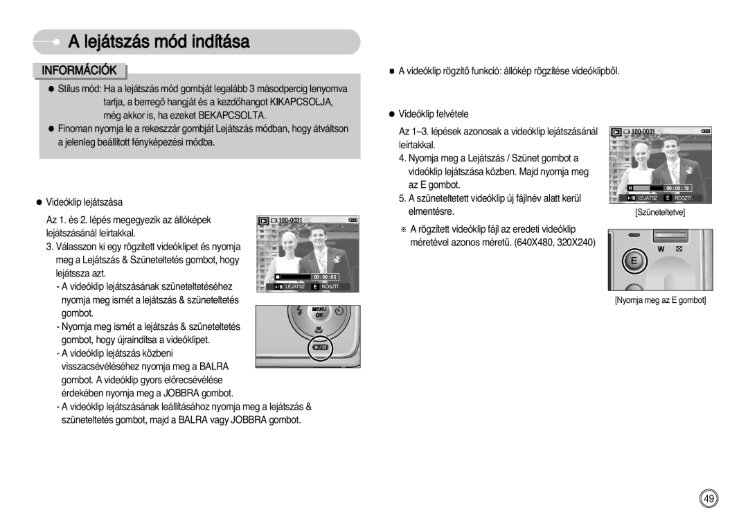 Samsung EC-D60ZZBHB/DE manual Videóklip rögzítŒ funkció állókép rögzítése videóklipbŒl, Lejátszásánál leírtakkal, Gombot 