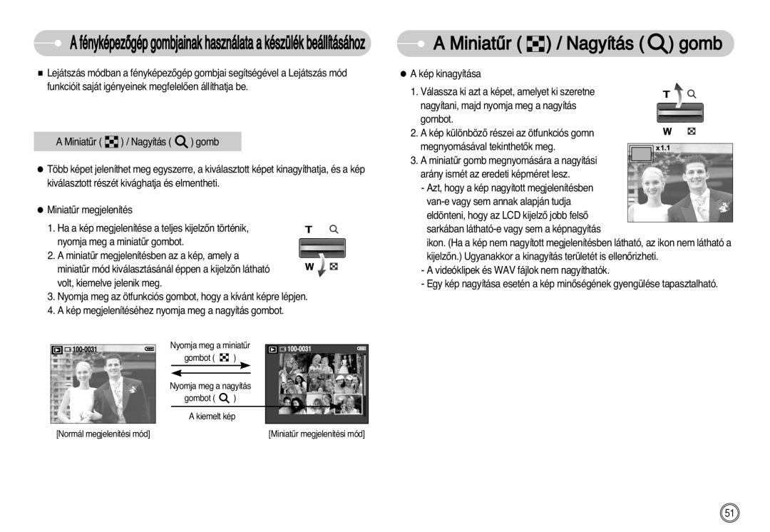 Samsung EC-D60ZZBHB/DE manual Miniatır / Nagyítás gomb, AfényképezŒgépgombjainakhasználataakészülékbeállításához 