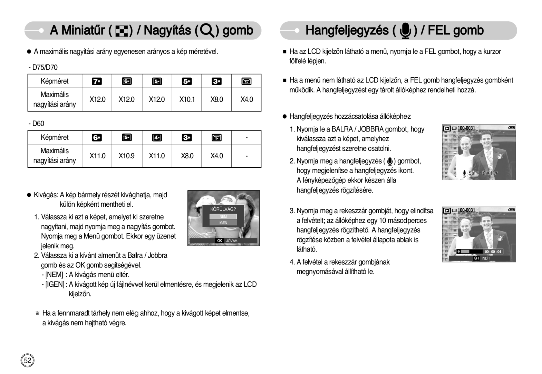 Samsung EC-D60ZZBHB/DE manual Hangfeljegyzés / FEL gomb, X12.0 X10.1 X8.0, X11.0 X10.9 X8.0 X4.0 