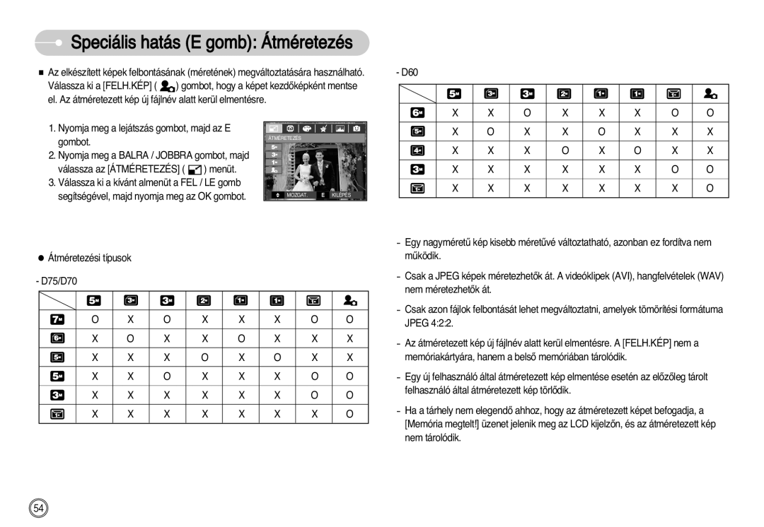 Samsung EC-D60ZZBHB/DE manual Speciális hatás E gomb Átméretezés, D60 Válassza ki a FELH.KÉP 