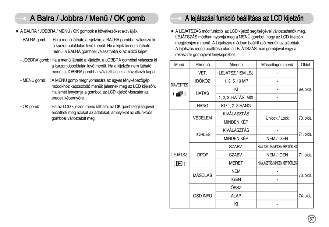 Samsung EC-D60ZZBHB/DE manual Balra / Jobbra / Menü / OK gomb, Lejátszási funkció beállítása az LCD kijelzŒn 