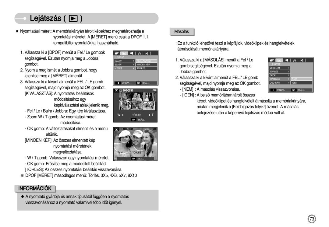 Samsung EC-D60ZZBHB/DE manual Kompatibilis nyomtatókkal használható, Válassza ki a Másolás menüt a Fel / Le 