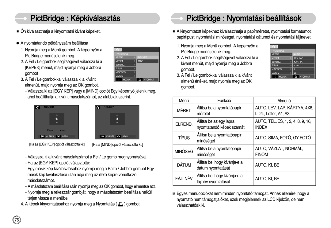 Samsung EC-D60ZZBHB/DE manual PictBridge Képkiválasztás, PictBridge Nyomtatási beállítások 