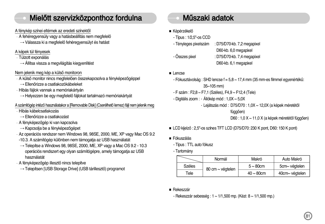 Samsung EC-D60ZZBHB/DE manual Mıszaki adatok 