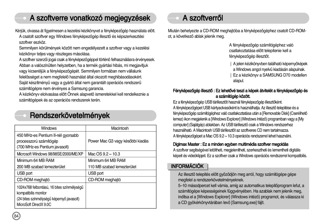 Samsung EC-D60ZZBHB/DE manual Szoftverre vonatkozó megjegyzések, Rendszerkövetelmények, SzoftverrŒl 