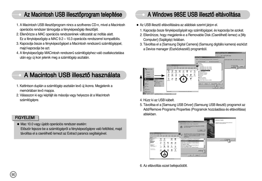 Samsung EC-D60ZZBHB/DE manual Az Macintosh USB illesztŒprogram telepítése, Macintosh USB illesztŒ használata 