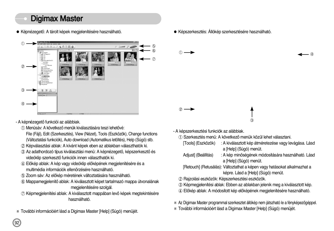 Samsung EC-D60ZZBHB/DE manual Zoom sáv Az elŒkép méretének változtatására használható, Help Súgó menüt, Adjust Beállítás 