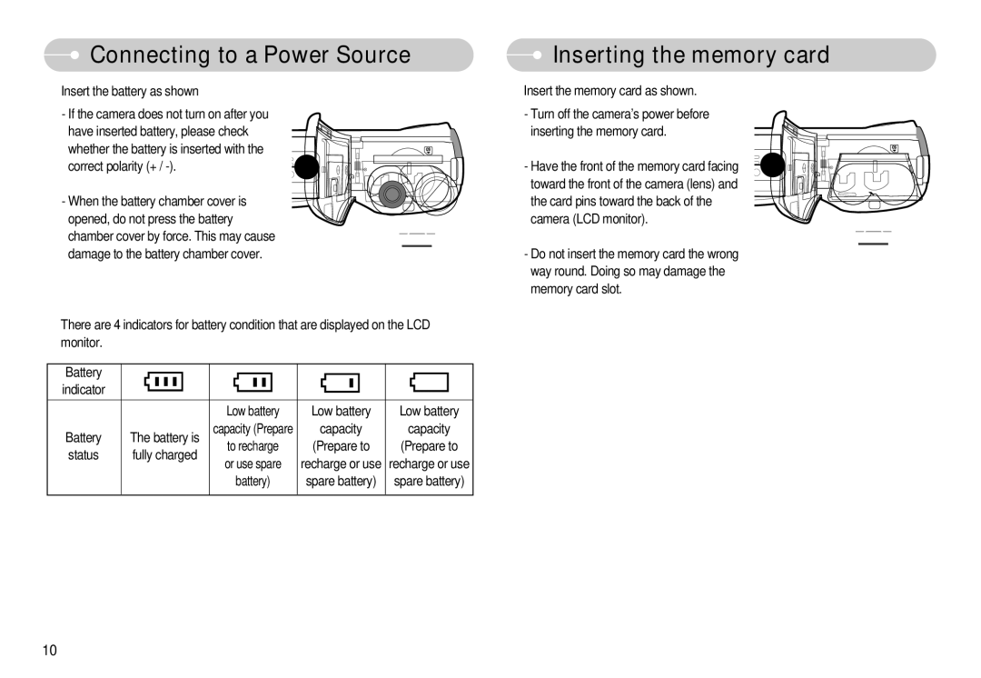 Samsung EC-D70ZZSDB/DE manual Inserting the memory card, Insert the battery as shown, Insert the memory card as shown 