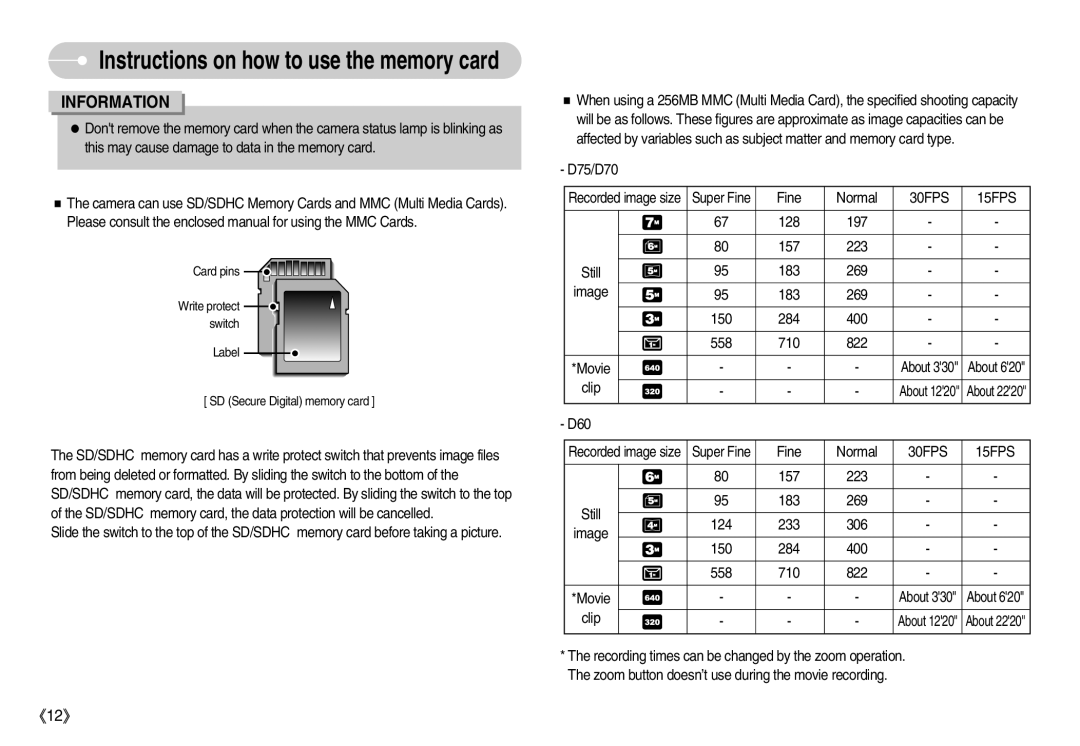 Samsung EC-D70ZZBDB/DE, EC-D70ZZBBC/FR, EC-D70ZZBBB/FR, EC-D60ZZBFL/E1, EC-D60ZZSFM/E1 manual D75/D70, Super Fine Normal 