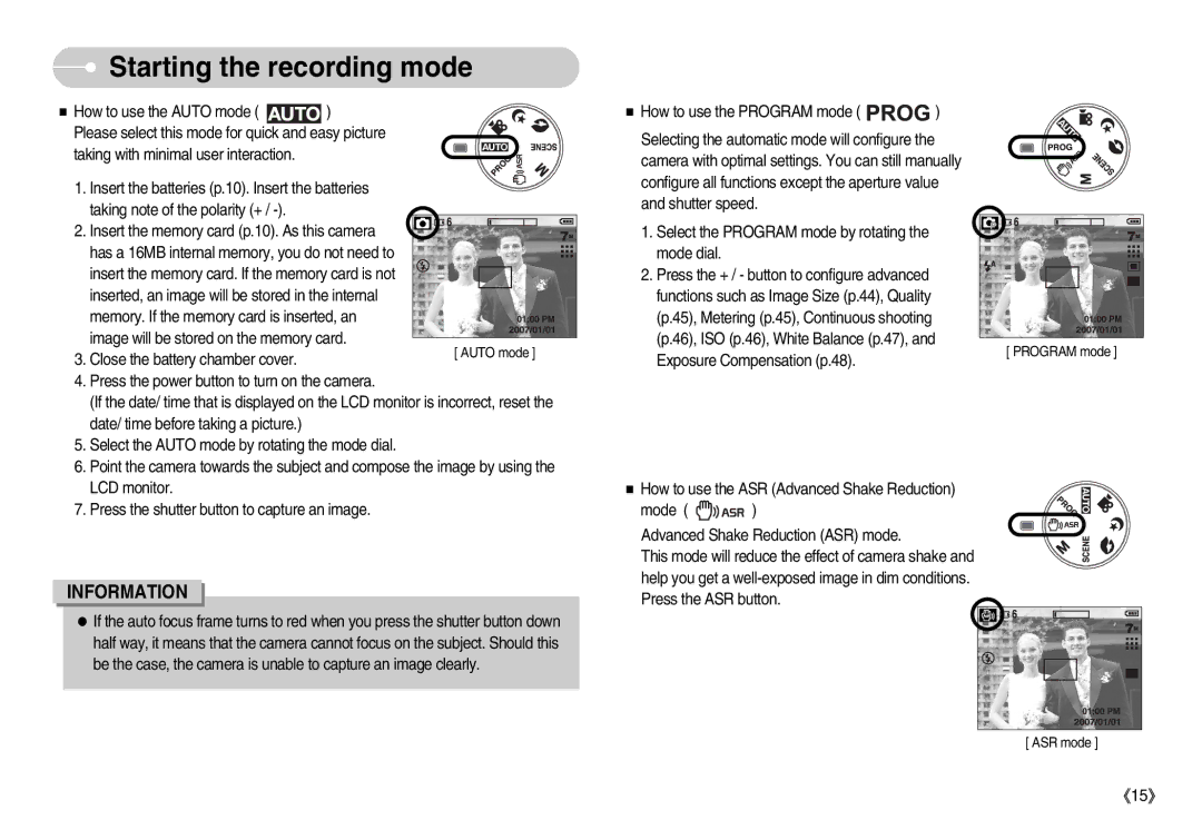 Samsung EC-D60ZZBFL/E1, EC-D70ZZBBC/FR, EC-D70ZZBBB/FR, EC-D60ZZSFM/E1 Starting the recording mode, How to use the Auto mode 