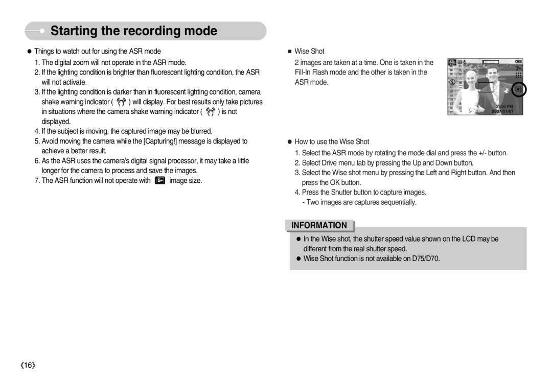 Samsung EC-D60ZZSFM/E1, EC-D70ZZBBC/FR, EC-D70ZZBBB/FR, EC-D60ZZBFL/E1, EC-D60ZZBFB/IT manual Starting the recording mode 