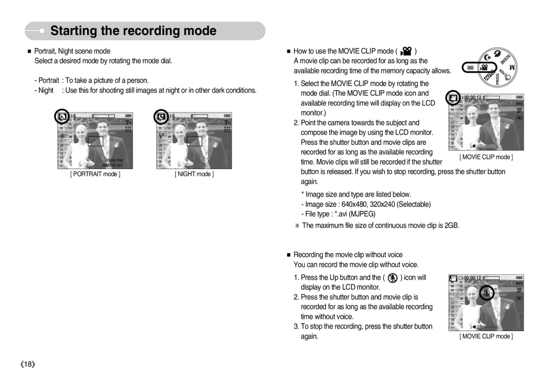 Samsung EC-D75ZZSBB/IT To take a picture of a person, Night, How to use the Movie Clip mode, Time without voice, Again 