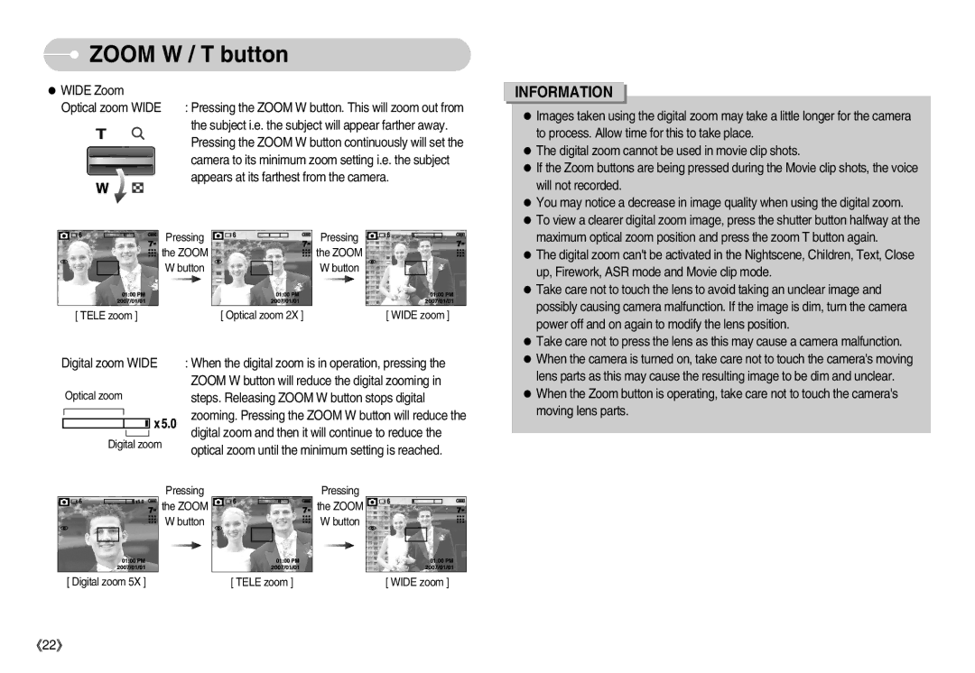 Samsung EC-D75ZZBDB/DE, EC-D70ZZBBC/FR, EC-D70ZZBBB/FR, EC-D60ZZBFL/E1, EC-D60ZZSFM/E1 manual Wide Zoom, Digital zoom Wide 