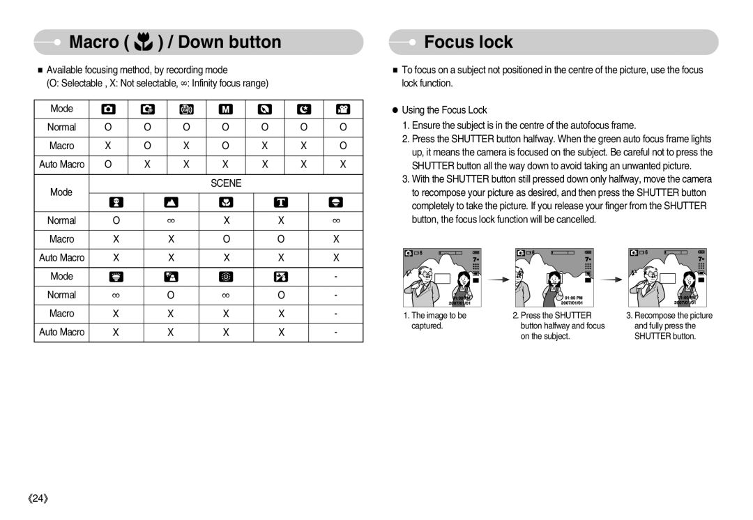 Samsung EC-D70ZZSDB/DE, EC-D70ZZBBC/FR, EC-D70ZZBBB/FR, EC-D60ZZBFL/E1, EC-D60ZZSFM/E1, EC-D60ZZBFB/IT manual Focus lock 