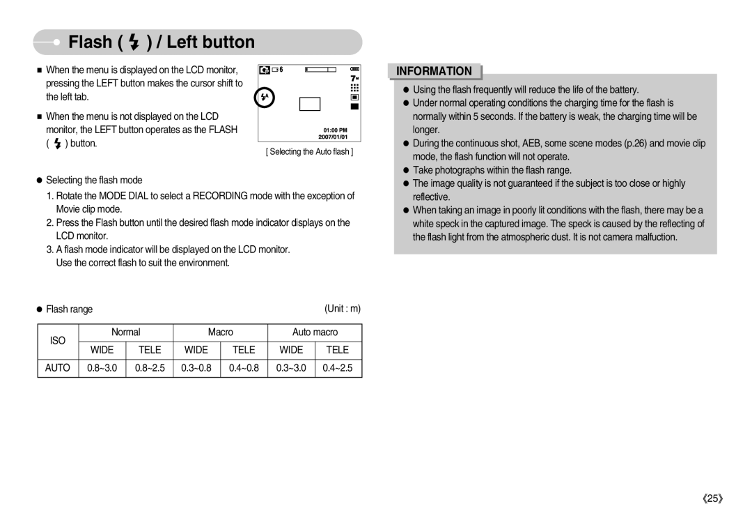 Samsung EC-D60ZZSHB/DE, EC-D70ZZBBC/FR manual Flash / Left button, Flash range, Normal Macro Auto macro, ~3.0 ~2.5 ~0.8 