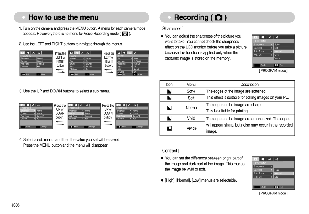 Samsung EC-D60ZZSFM/E1, EC-D70ZZBBC/FR, EC-D70ZZBBB/FR, EC-D60ZZBFL/E1, EC-D60ZZBFB/IT manual How to use the menu, Recording 