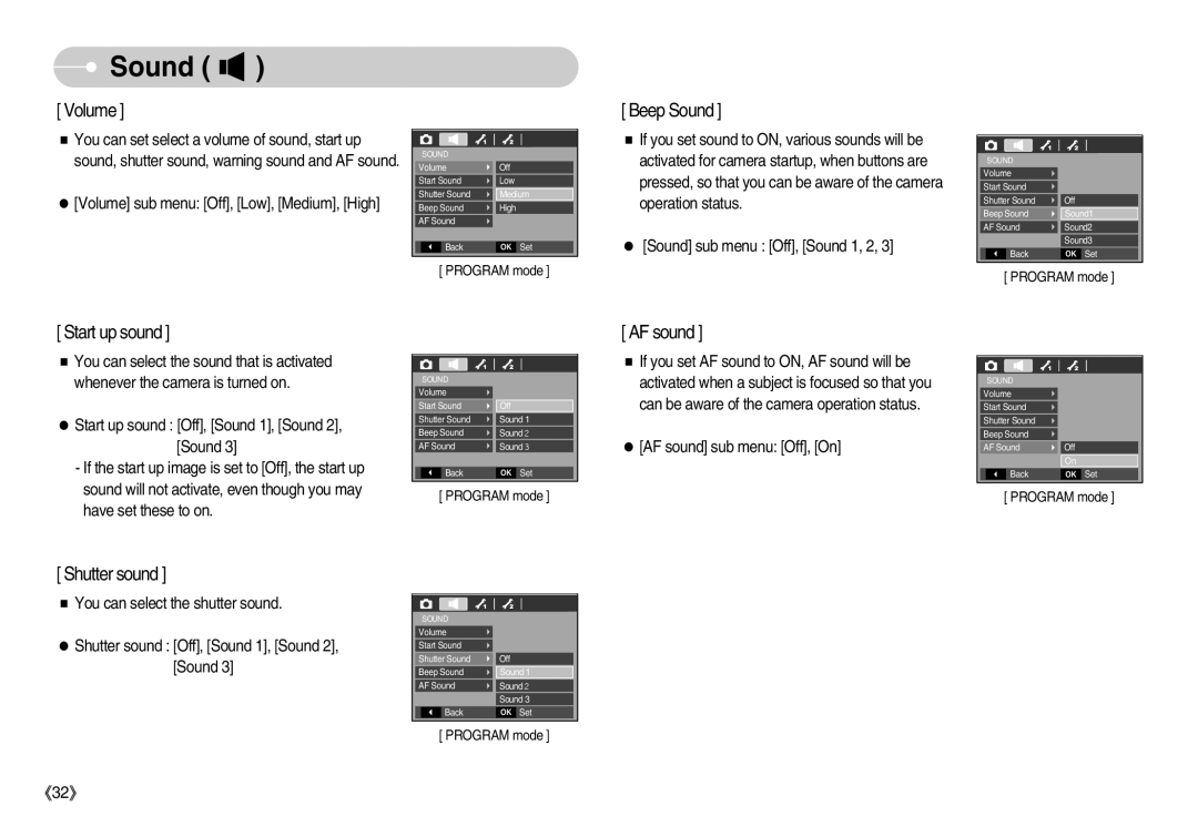 Samsung EC-D75ZZSBB/IT Sound sub menu Off, Sound 1, 2, Start up sound Off, Sound 1, Sound, AF sound sub menu Off, On 