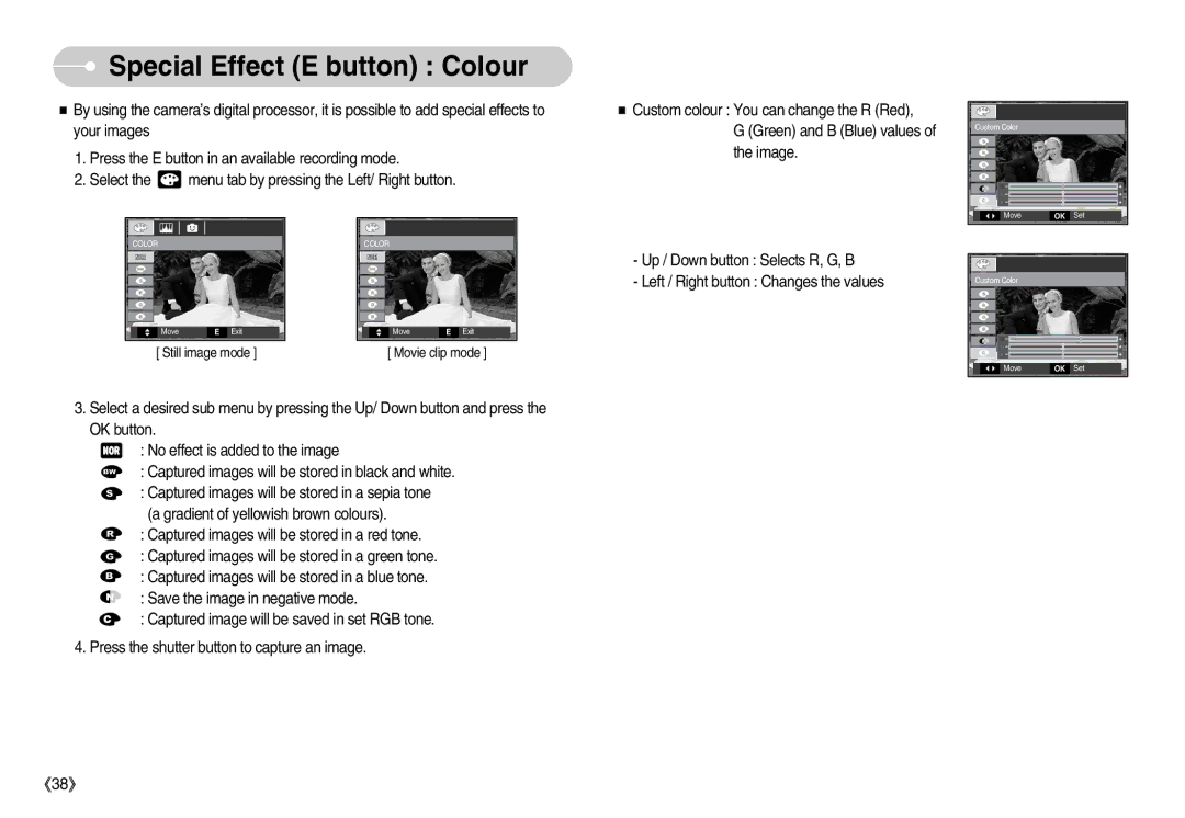 Samsung EC-D70ZZSDB/DE, EC-D70ZZBBC/FR, EC-D70ZZBBB/FR, EC-D60ZZBFL/E1, EC-D60ZZSFM/E1 manual Special Effect E button Colour 