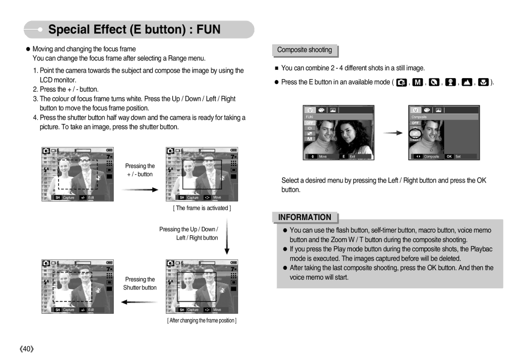 Samsung EC-D70ZZBDB/DE, EC-D70ZZBBC/FR, EC-D70ZZBBB/FR manual Press the + / button, Button to move the focus frame position 